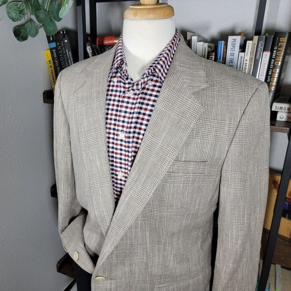 VTG Haggar Imperial Men's Sport Coat Blazer Two Button Gray‎ Beige Plaid 44L